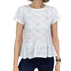 Nanette Lenore White Eyelet Stretch Knit Short Sleeve Peplum Top Size Small